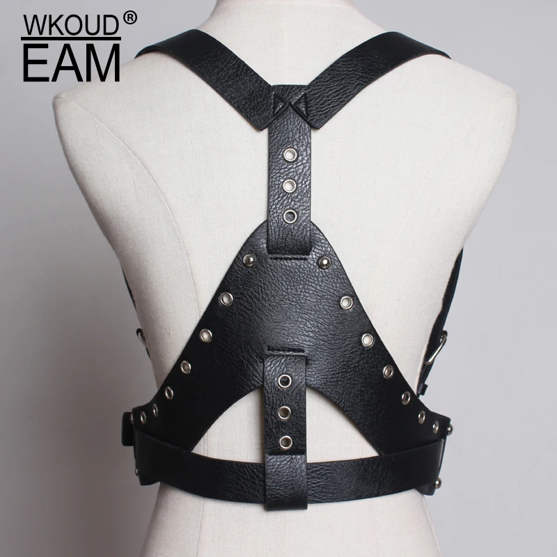 

WKOUD EAM 2019 New Spring Summer Pu Leather Black Rivet Split Joint Personality Strap Belt Women Fashion Tide All-match JT46