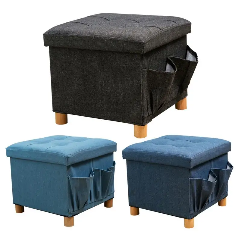 

Denim Fabric Solid Wood Storage Box Four Footstool Sided Bag Change Shoe Changing Storage Case Waterproof Dressing Table Stool