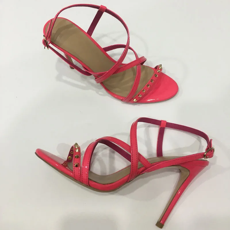 Hot Pink European Fashion Studed Sandals Summer Strappy High Heel Dress Shoes Women