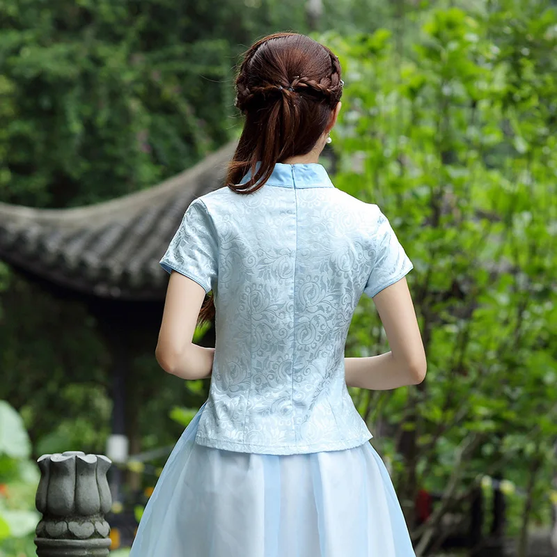 Синяя блузка Hanfu с цветочной вышивкой рубашки в восточном стиле хлопковые топы