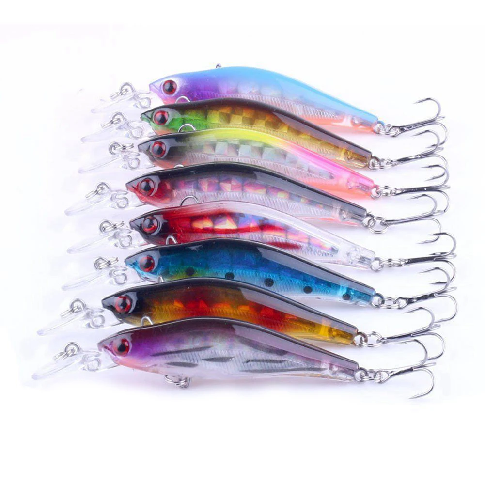 8pcs Wobblers Laser-Minnow Fishing Lures 3D Eyes Crank Bait Hooks Bass Tackle