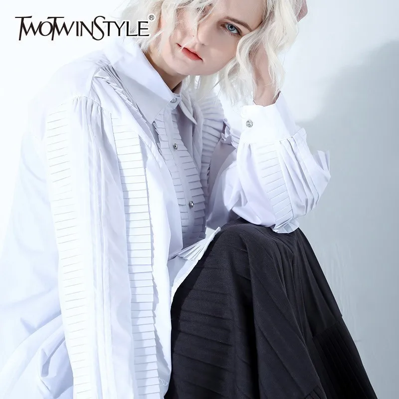 TWOTWINSTYLE тяжелые плиссированные Лоскутные рубашки блузка для женщин воротник с
