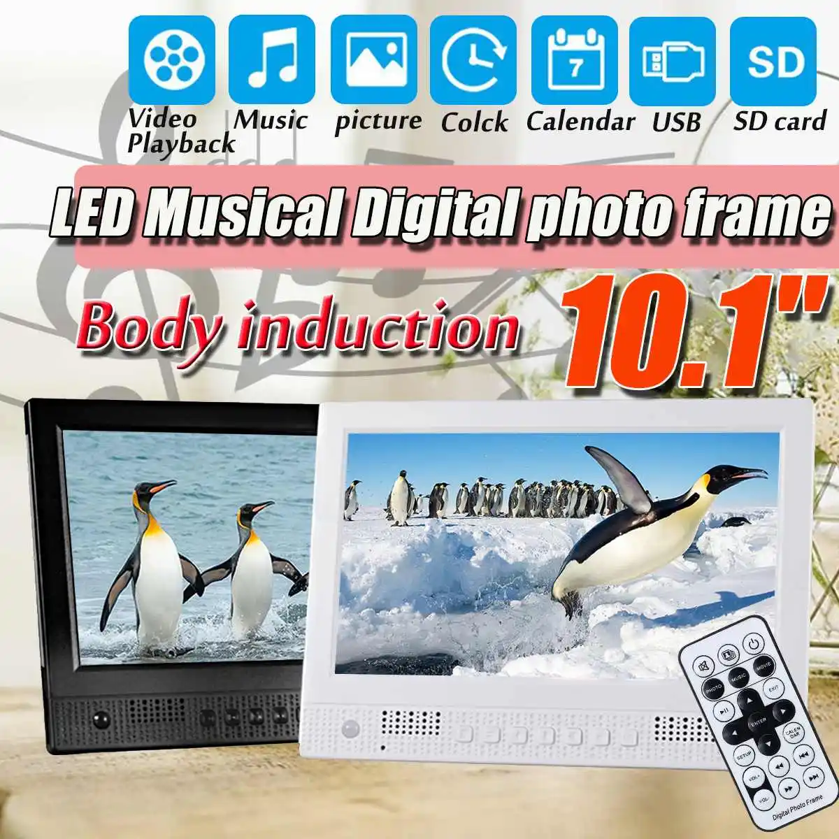 

10.1" Digital Photo Frame Musical Video Picture Calendar Clock LED Light HD Electronic Album w/Human Body Induction US/EU Plug