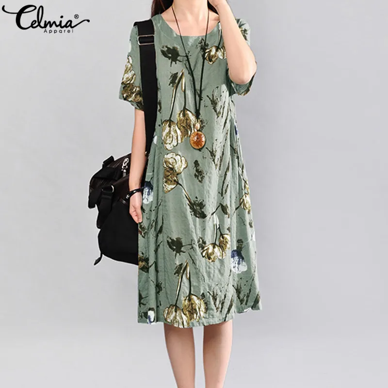 

Celmia 2019 Vintage Summer Dress Short Sleeve Loose Women Elegant Floral Print Midi Dresses Casual Party Beach Sundress Vestidos
