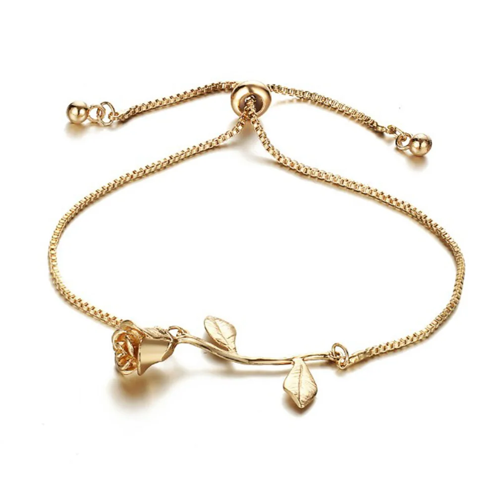

Women Adjustable Rose Flower Bracelet Bangle Chain Crystal Decor Surgical Steel Bracelet 2019 New Fashion Gold Color High Qualit