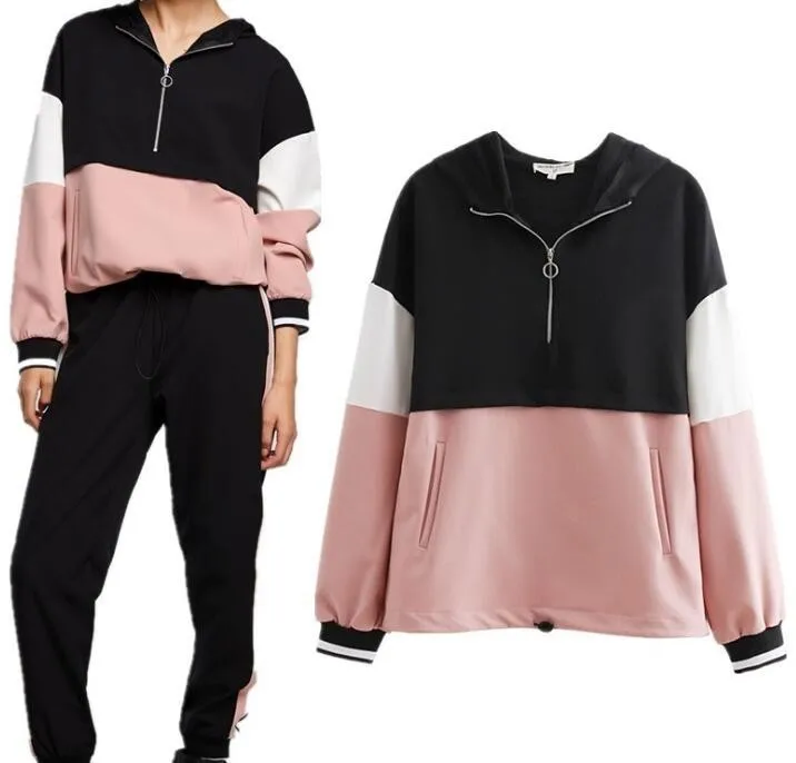 

2018 Autumn Women Pink Color Block Pouch Pocket Jackets Zipper Hoodies