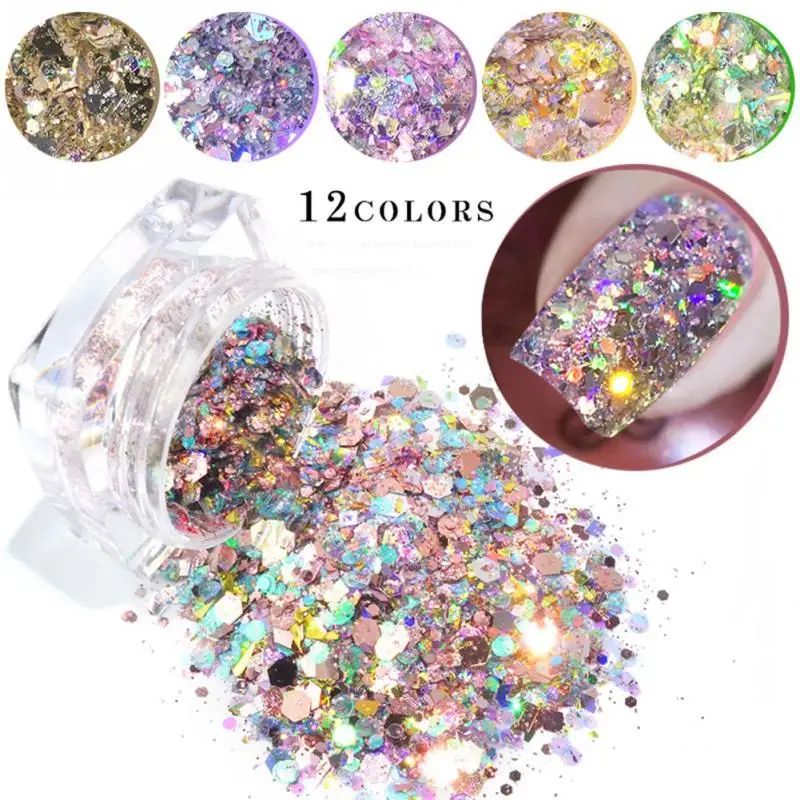 

12 Colors1 Box Bling Glitter Powder Dust Nail Art Sequin 3D Rainbow Clear Hexagon Slice DIY Charm Nail Art Decor Manicure a