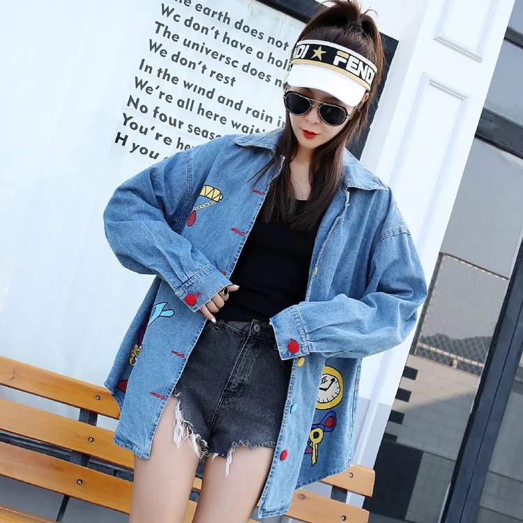 Veste Dessin Cowboy Perles De Manches Longues Printemps Impression À Chemise Jeans Blue Mo Jean Bleu Qf775 Femmes Qing Animé Femme Manteau sCdrBthQx