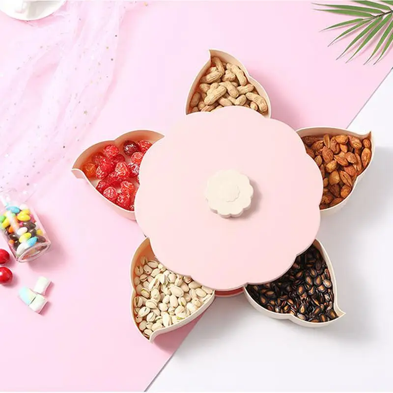 

Flower Petal-Shape Snack Candy Box Creative Rotary Switch Food Storage Tray Partition Organizer Box Nut Snack Candy Tray