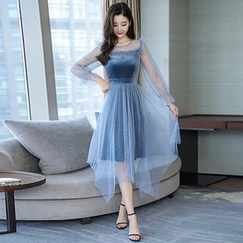 

2019 Spring dress woman new women's summer clothes fashion sweet fairy gauze lady party clothes dress O neck blue