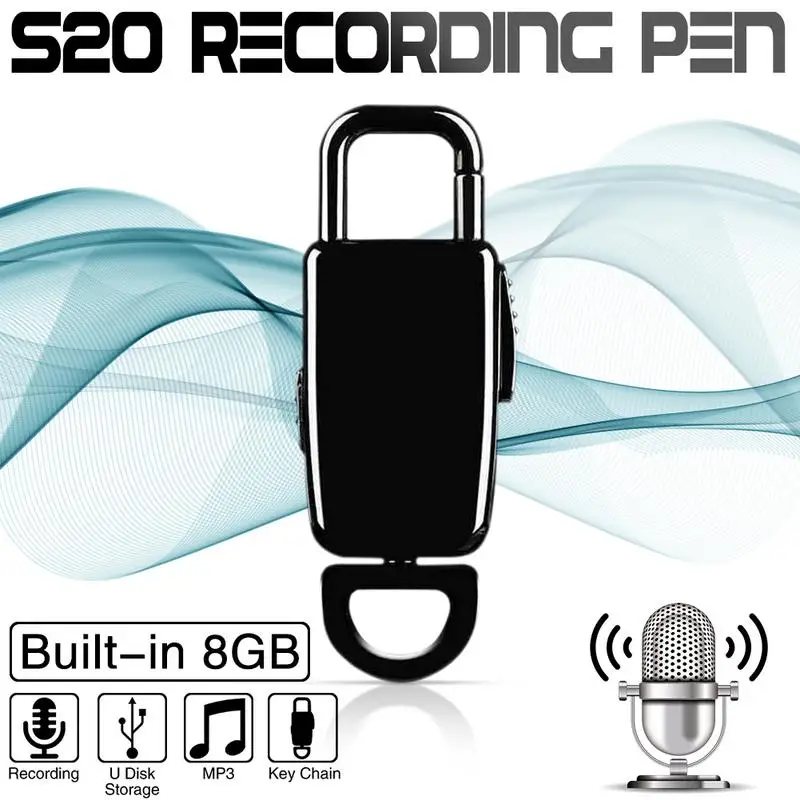 

S20 Key Chain Recording Pen 8GB HD Noise Reduction Smart Voice Control Auto-Saving Recorder With Earphone For Voice Recording