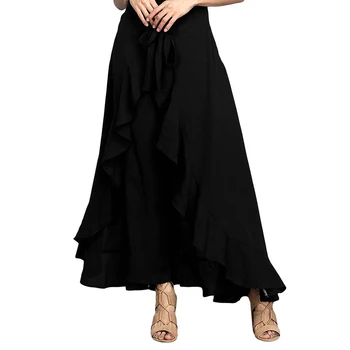 

Wrap Skirts For Women Casual Fashion Navy Chiffon Tie-Waist Ruffle Wide Leg Loose Pants Solid Color Wide Leg Pants