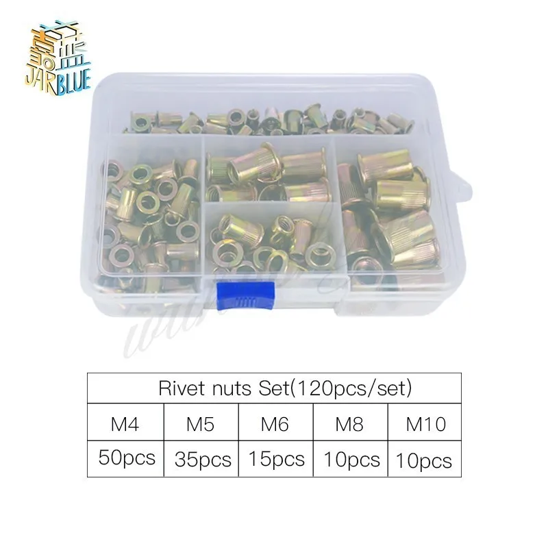 120pcs/set M4 M5 M6 M8 M10 Zinc Plated Knurled Rivnut Flat Head