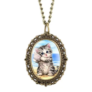

Conch Kitten Patch Pocket Watch for Girl Ocean Pattern Quartz Pocket Watches Elliptical Gift for Pocket Watch With Necklace