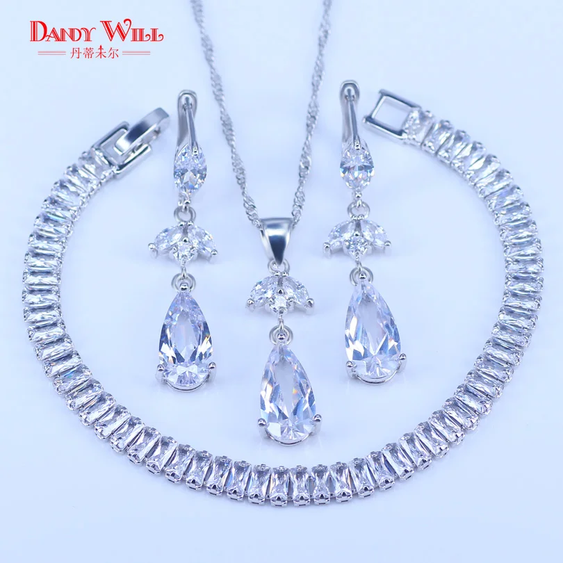 

New Fashion 925 Sterling Silver Jewelry Sets Cubic Zirconia Drop Earrings/pendant/Necklace/Bracelet Set For Women