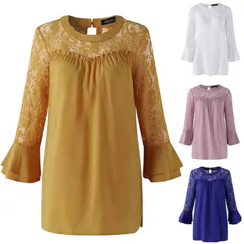 

Summer Lace Patchwork Blouse ZANZEA 2020 Women Elegant Flare Sleeve Shirt Ladies Casual Solid Tunic Top Femininas Work Blusas
