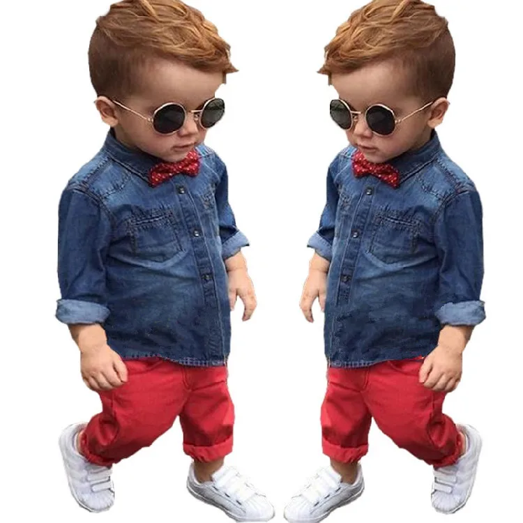 

Children's wear Europe and the United States autumn handsome boy soft denim shirt + jeans suit baby clothes