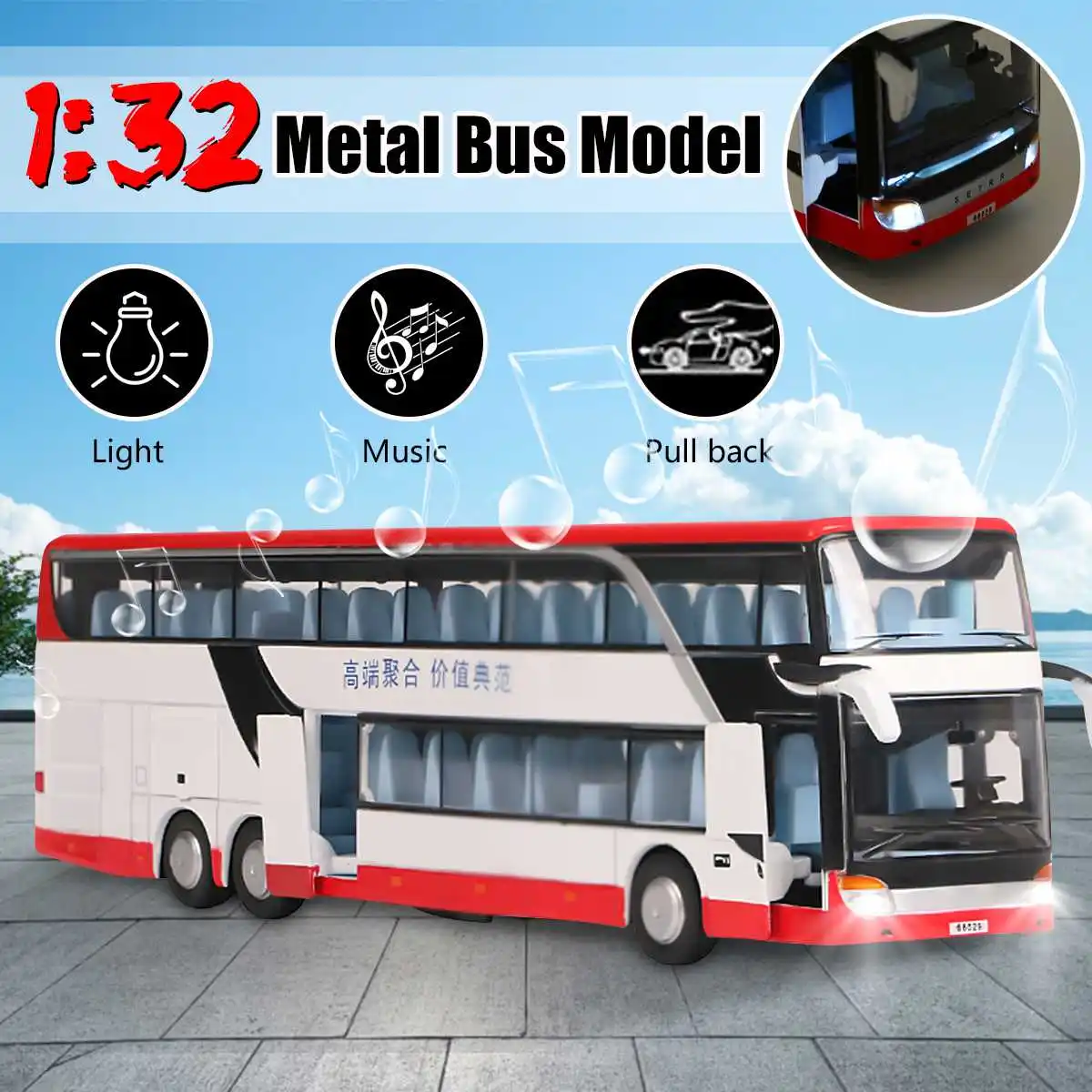 

1:32 Alloy Pull Back Bus Toy Model Car High Simulation Double Sightseeing Bus Flash Vehicle Night View Kids Children Gift