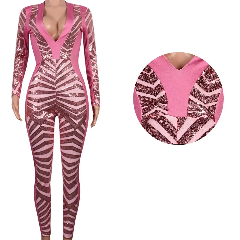 Women Deep V Neck Sparkly Sequin Jumpsuit Skinny Long Sleeve Glitter Bodycon Jumpsuits Sexy Rompers Club Party Jumpsuits