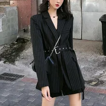 Полосатые женские длинные блейзеры, куртка с длинным рукавом, свободные пояса, шикарный корейский Модный повседневный костюм, новая весенняя одежда