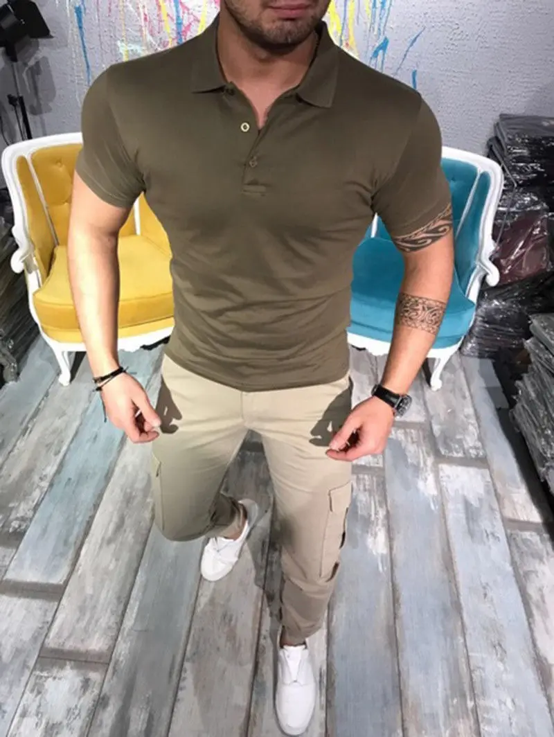 

Mens Shirt Brands Male Short Sleeve Casual Slim Solid Color Deer Embroidery shirt