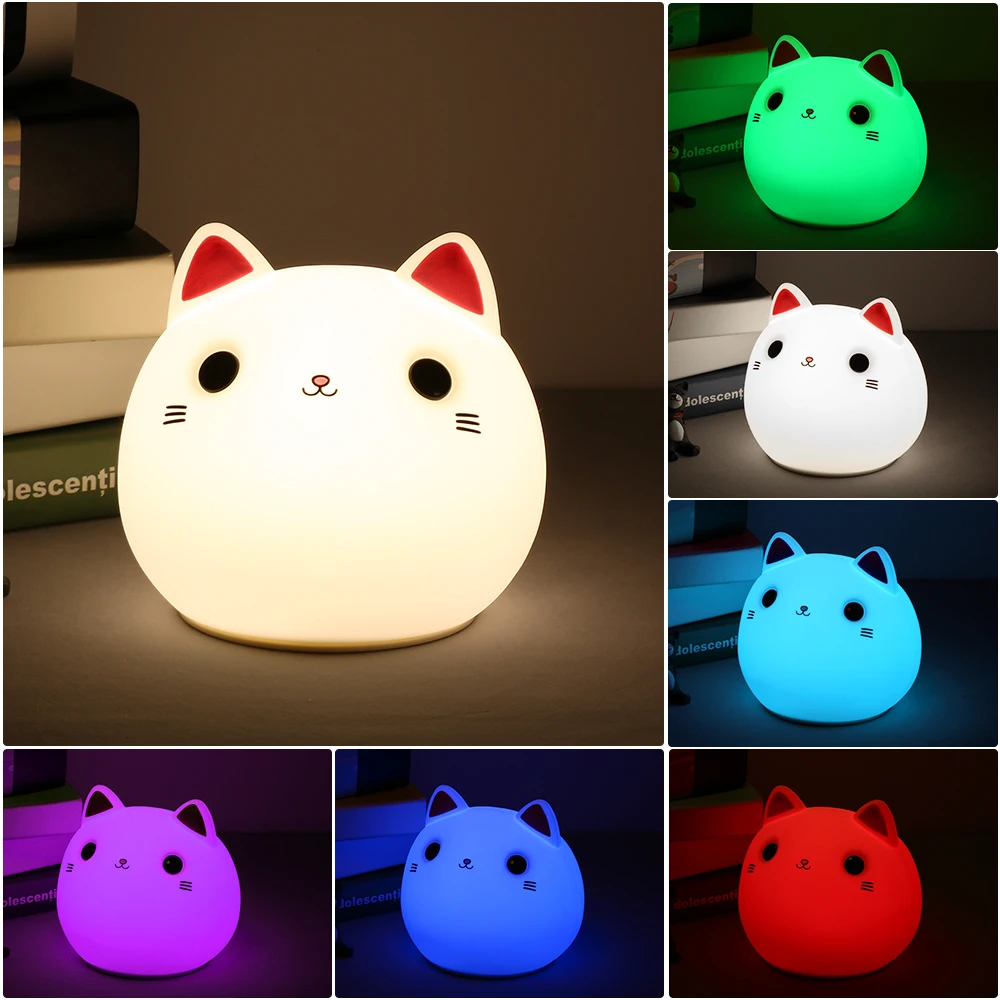 

USB Rechargeable LED Silicone Cat Lamp Patting Control Changeable RGB Colors Night Light for Baby Nursery Kids' Room