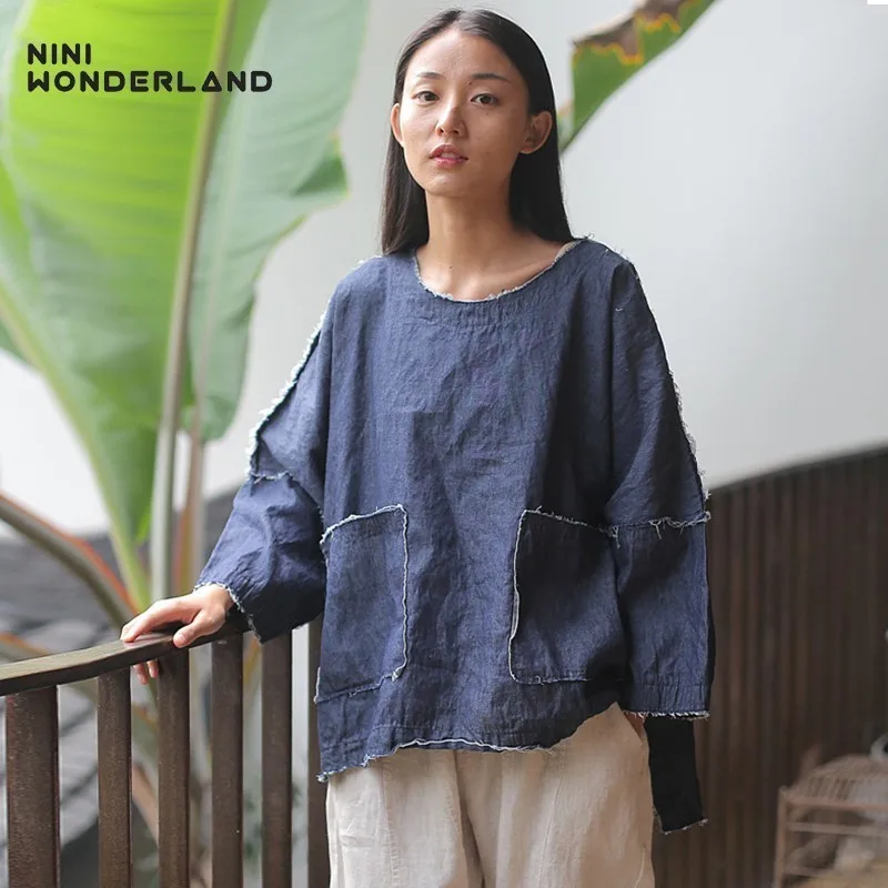 

NINI WONDERLAND 2019 Summer Thin Cowboy Shirts Women Torn Edges Loose Tops Female Batwing Sleeve Spring Shirt Mori Girl Style