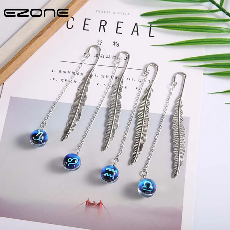cheap EZONE 1PC Luminous Constellation Bookmark Vintage Metal Feather Pendant Bookmark Creative Novelty Book Reading Item Student Gift