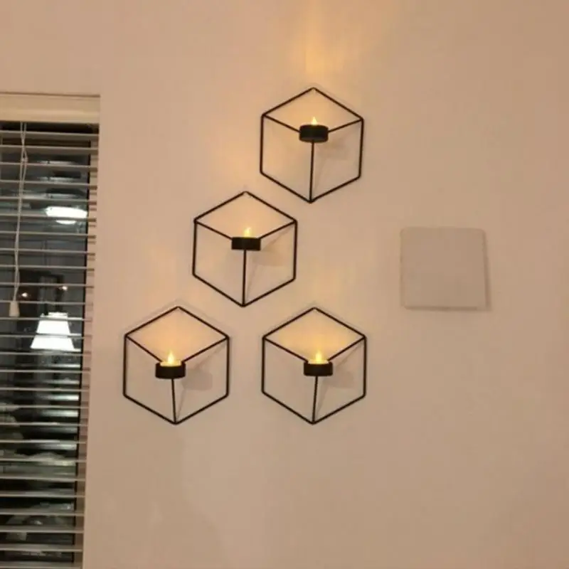 

3D Geometric Candlestick Metal Wall Candle Holder Sconce Matching Small Tealight Home Ornaments Wedding Christmas Decoration