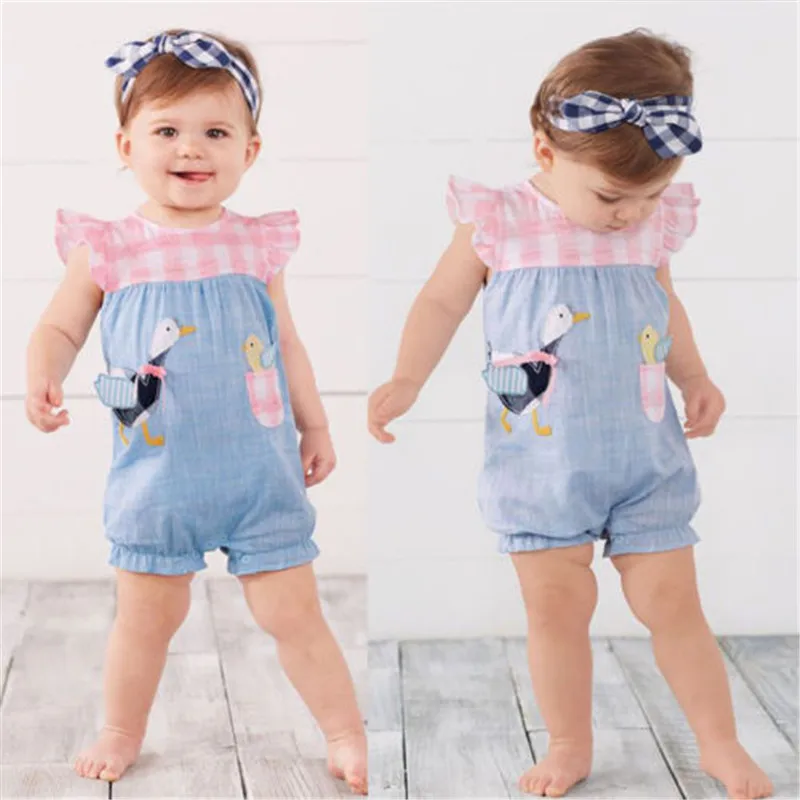 

PUDCOCO Cute Newborn Baby Girls Plaid Denim Goose Bubble Romper Jumpsuit Outfits Clothes