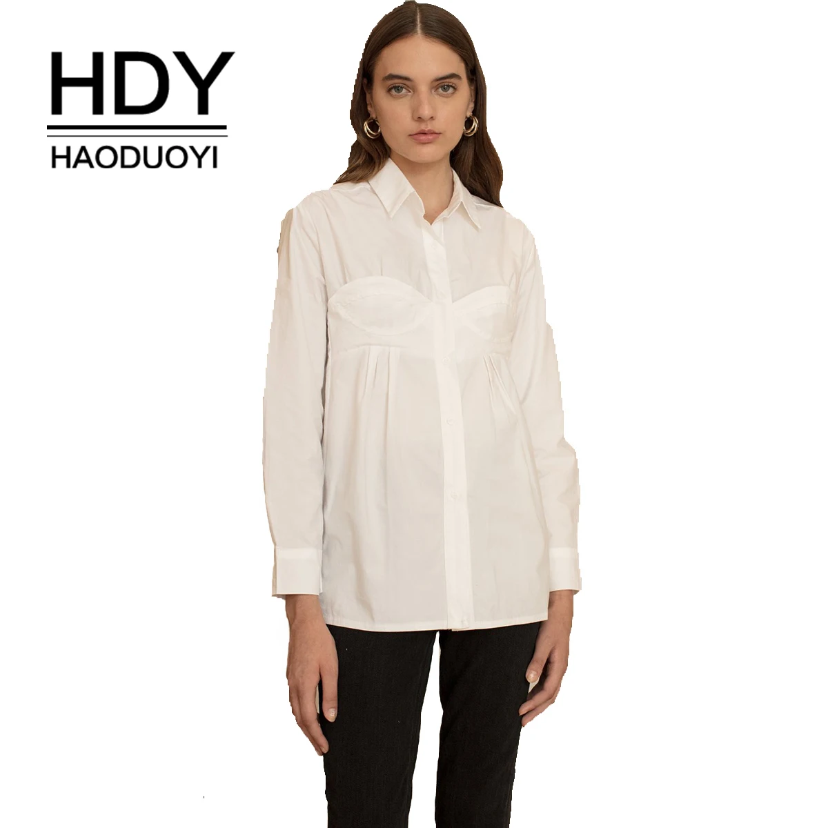 

HDY Haoduoyi Personality Underwear Styling Lapel Pleated Shirt Casual Street Solid Color Top Autumn New Style