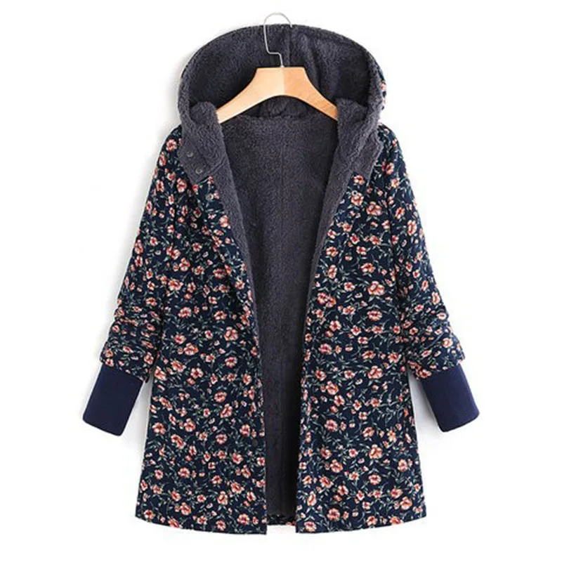 

Women Winter Warm coats Outwear Floral Print Hooded Pocket buttons plush lining casual ethnic boho Vintage Oversize Coat Tops