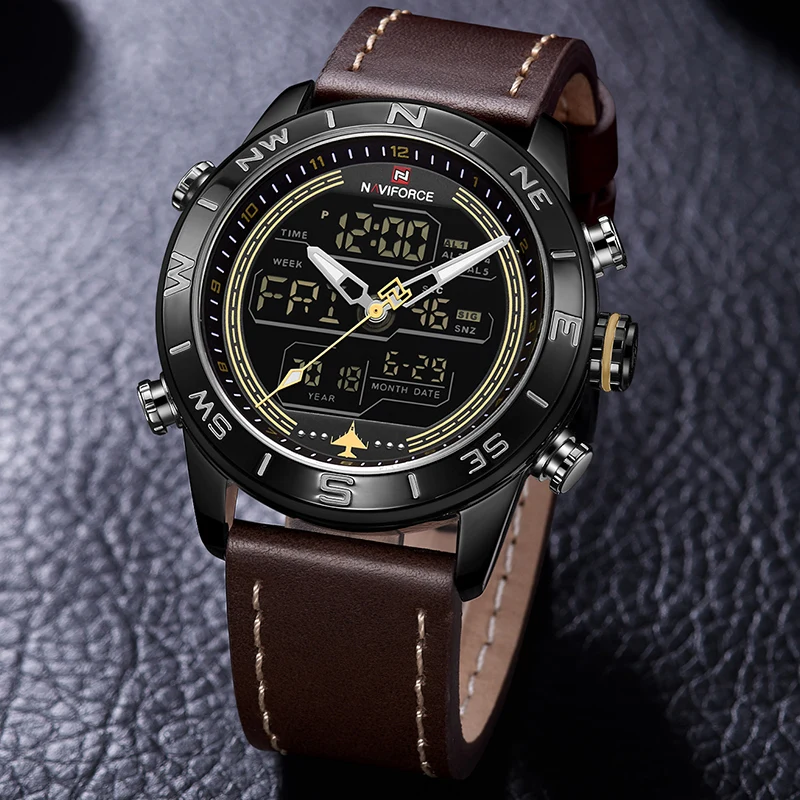 NAVIFORCE 9144 модные золотые мужские спортивные часы светодиодные аналоговые