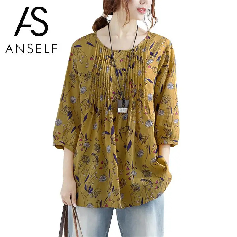 

Vintage Cotton Tunics Womens Tops and Blouses Floral Print O-Neck 3/4 Sleeve Casual Loose Shirt Tee Tops Plus Size 3XL 4XL 5XL