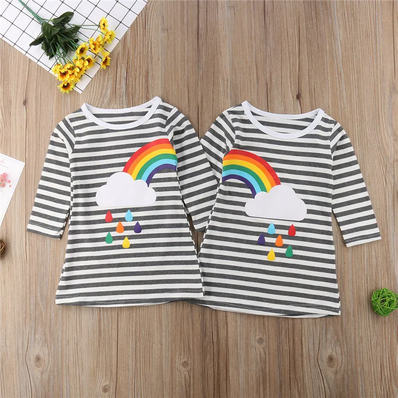 

Rainbow Dress Little Sister Dress Baby Children Girls Dressed Long Mouw Jurk Party Pageant Princess Jurk Katoen 1 -6y