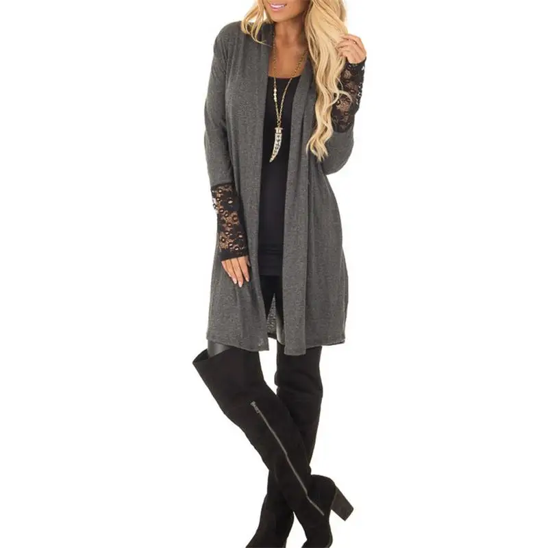 Women Cardigan Jacket Solid Thin Knit Long Sweater Outwear Lace Stitching Coat Fashion Cotton Sweater Cardigan Leisure Jacket