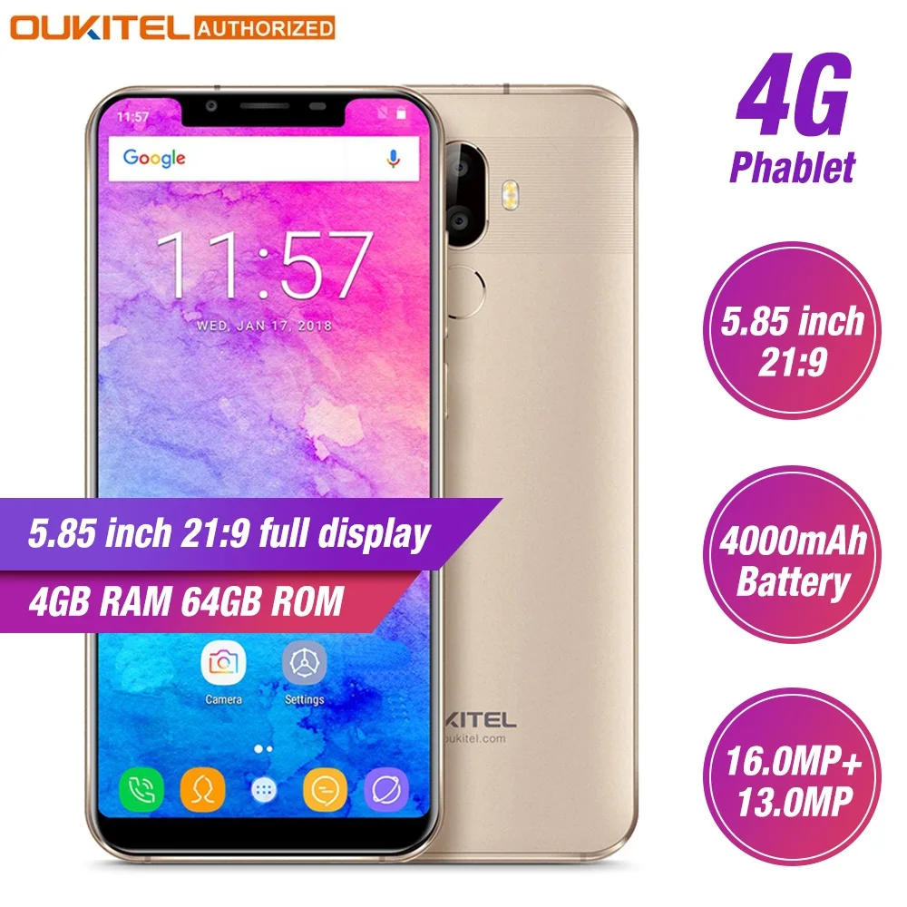 

OUKITEL U18 4G Smartphone 5.85" 21:9 Display Face ID MT6750T Octa Core Android 7.0 4GB RAM 64GB ROM 4000mAh 16MP Mobile Phone