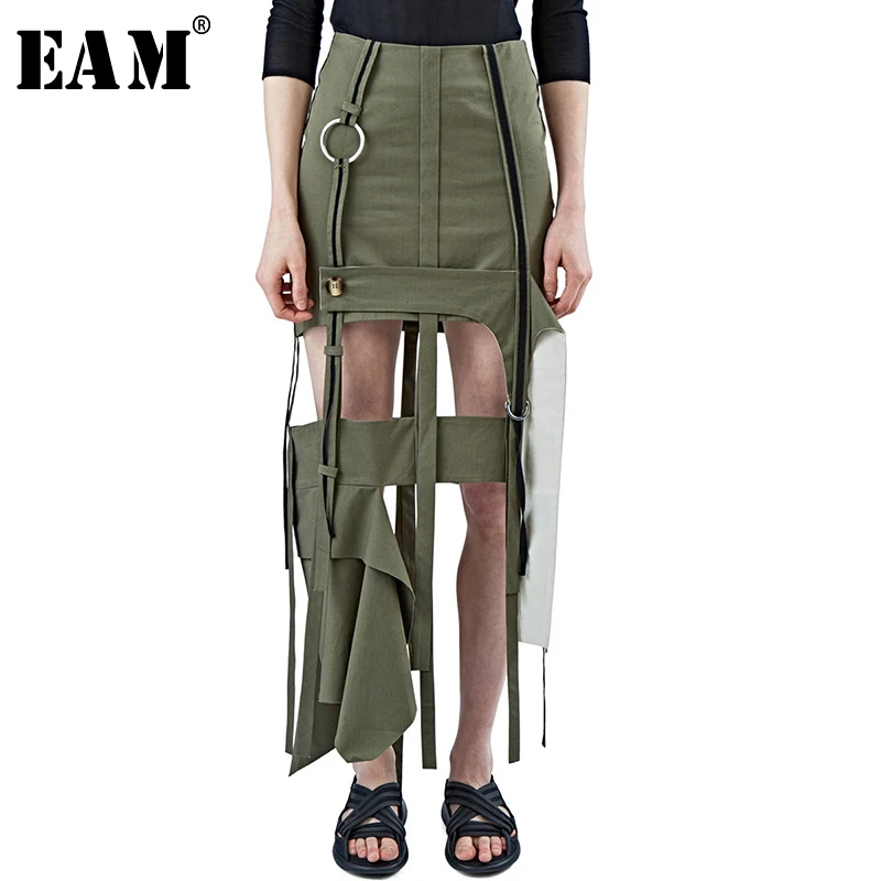 

[EAM] 2019 New Spring High Waist Army Green Holes Matel Ring Split Joint Half-body Skirt Women Fashion Tide JG753