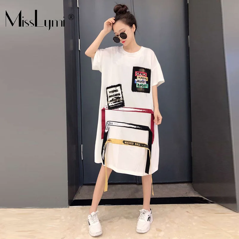 Goede 4XL Plus Size Vrouwen Streetwear Jurk Zomer 2019 Mode Afdrukken Patch Patchwork Lint Korte Mouw Katoen Lange T shirt Jurken