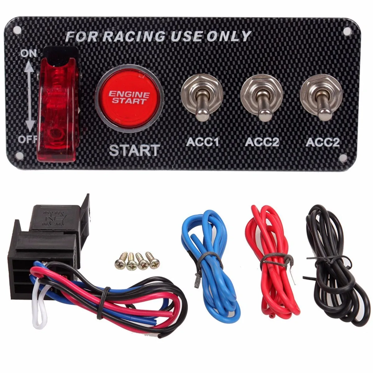 

New Racing Carbon Fibre Car 12V Ignition Switch Panel Engine Start Push Button LED 3 Toggle Switch