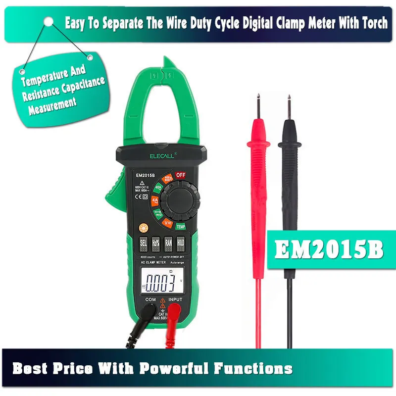 ELECALL EM2015B Best Price Duty Cycle Digital Clamp Meter With Torch