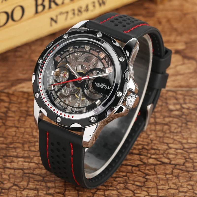 

WINNER Men Military Watches Fashion Automatic Mechanical Clock Male Watches Man Rubber Band Skeleton Watches Men Timepiece 2019