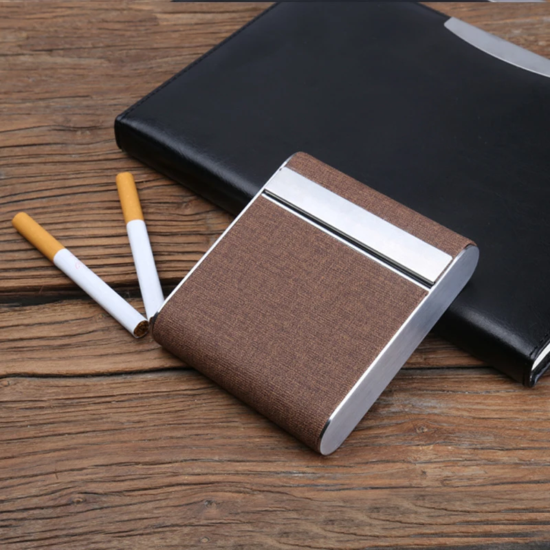 1 Pcs Cigarette Case Leather Fashion Tobacco Holder Thin Aluminum Metal Cigarette Box Wire Drawing