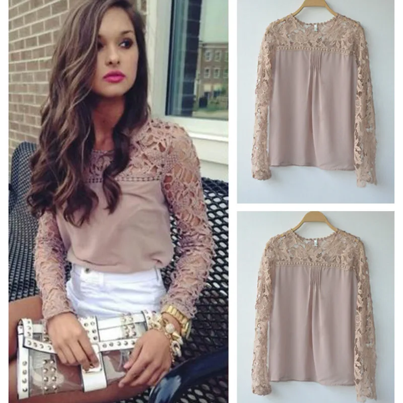 

Women Summer Lace Stitching Perspective Hollow Out Floral Long Sleeve Round Collar Solid Color Loose Chiffon T Shirt
