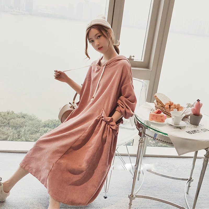 

2019 spring/autumn pregnant women hooded corduroy long loose fleece hoodies jacket pockets long lantern sleeve maternity dresses