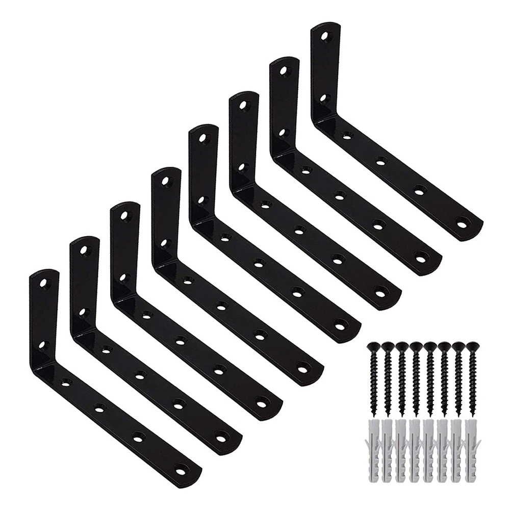 

Practical 5x3 inch L Shaped Corner Brace Shelf Brackets x 8. Right Angle Black Solid Steel Supports for 4 Shelves. Discreet Hi