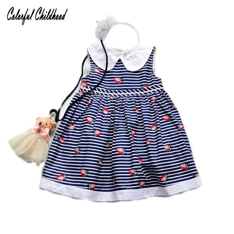 

Summer Kid Girls Dress Strawberry Pattern Print Dress Peter Pan Collar Stripe Dress Toddler Newborn Girls Cute Princess Costume
