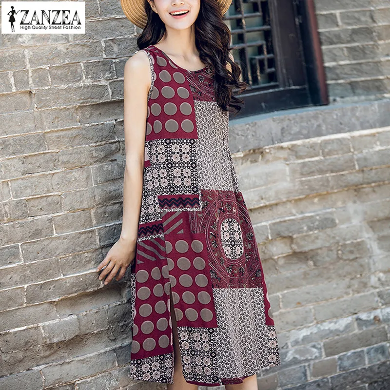 

Vintage Casual Summer Long Dresses 2019 ZANZEA Women's Linen Midi Dress Female Sleeveless Print Vestidos Patchwork Split Robe
