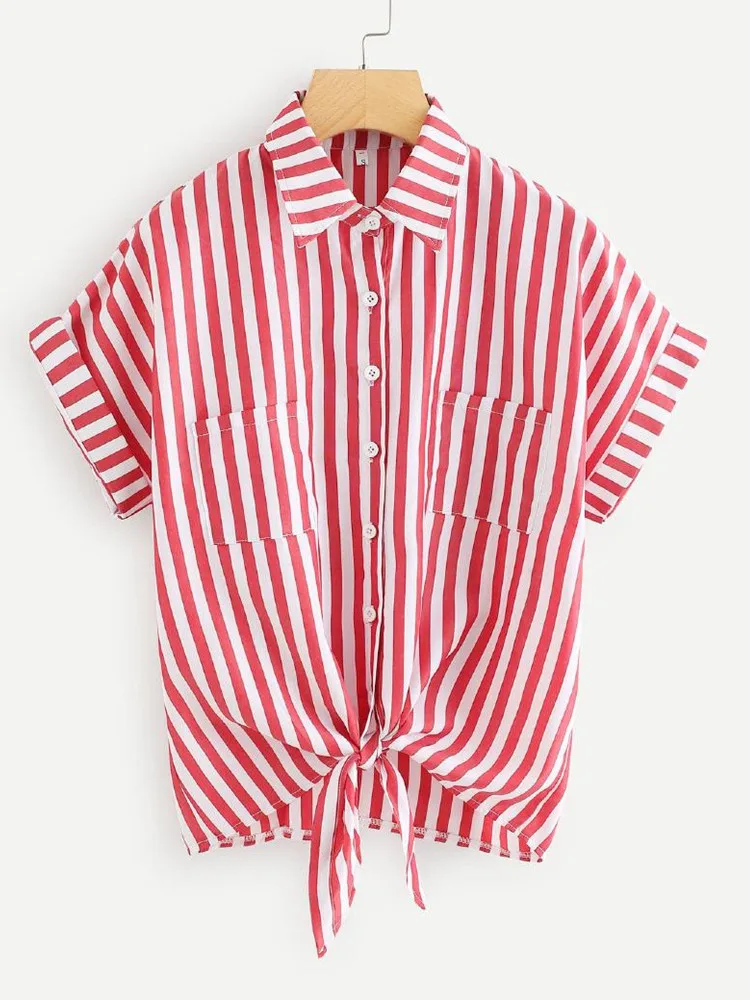 

Casual Bow Short Sleeve Turn-down Collar Striped Shirt