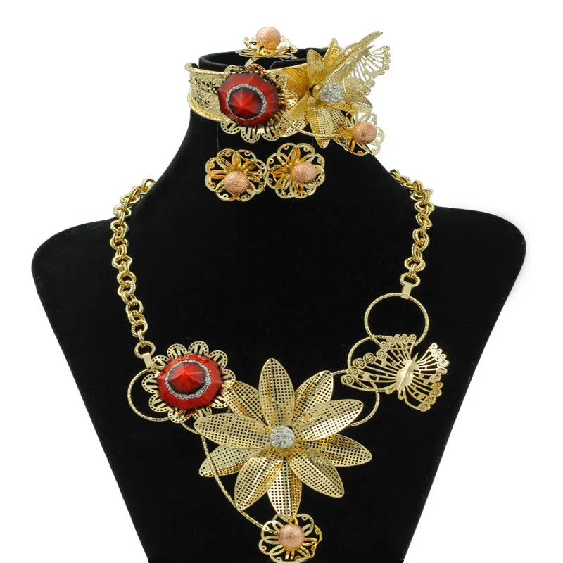 

2019 High-quality New Dubai Ethiopian African Wedding Jewelry Necklace Fashion Women Red Crystal Flower Bride Pearl Jewelry Sets